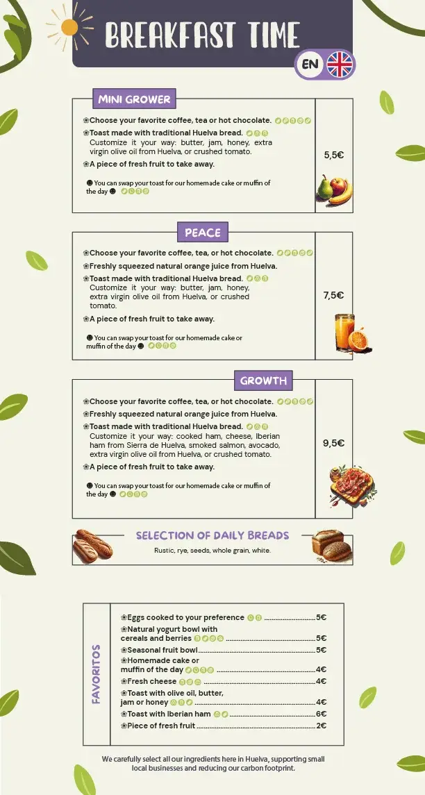 Healthy Breakfast at Growers Boutique Hotel Huelva menu