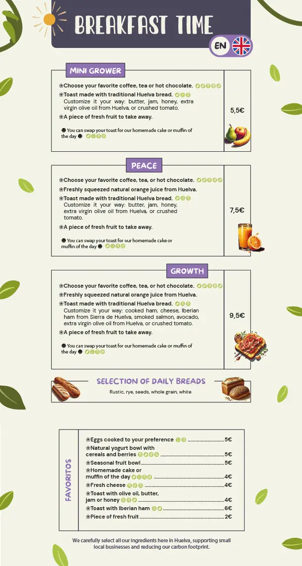 Healthy Breakfast at GrowersGo Boutique Hostel Huelva menu