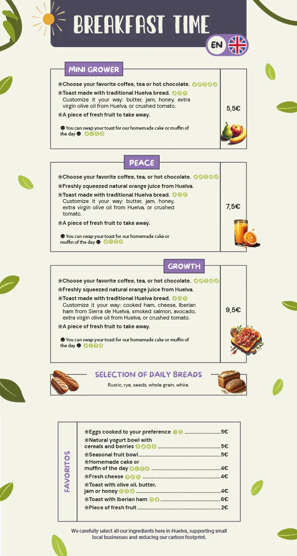 Healthy Breakfast at GrowersGo Boutique Hostel Huelva menu