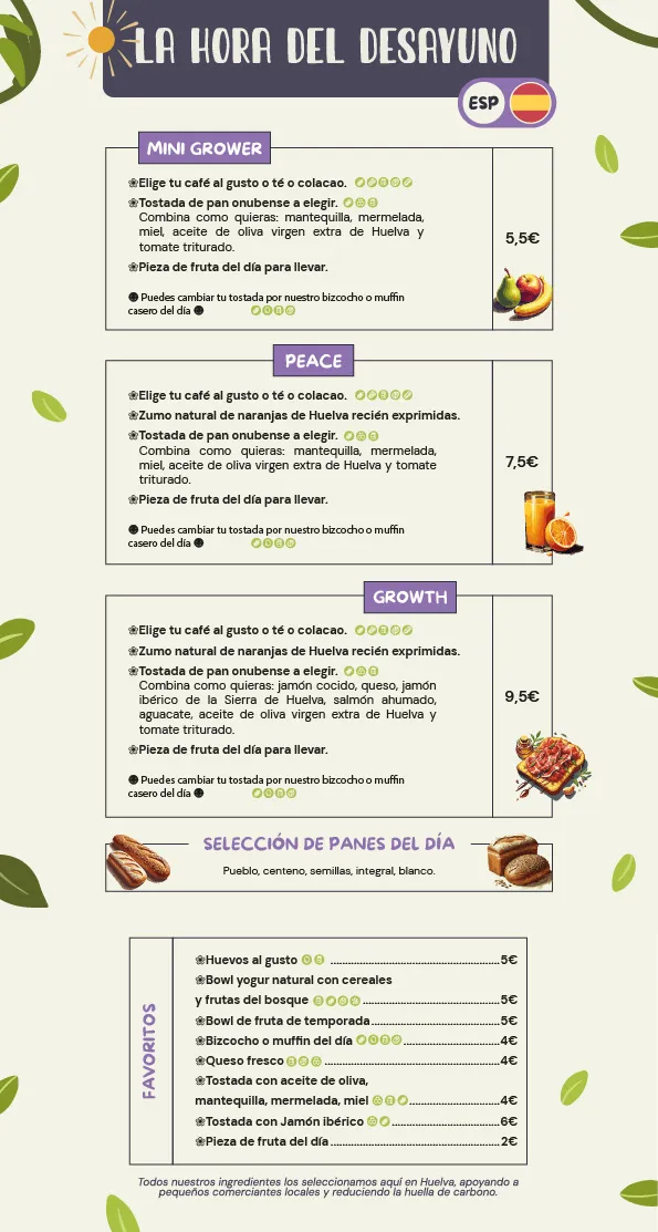 Desayuno Saludable en GrowersGo Boutique Hostel Huelva menu